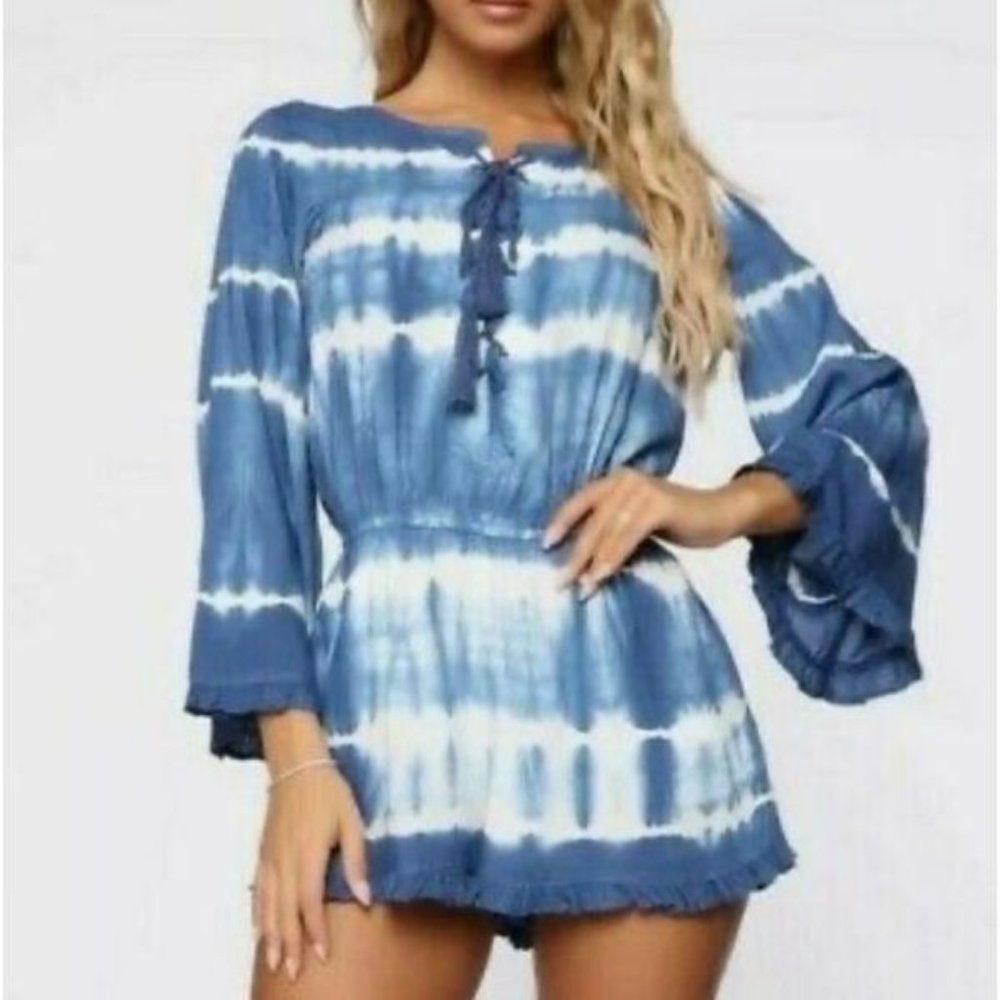 American Eagle Lace Up Blue Tie Dye Ruffle Romper Size XXS NWT